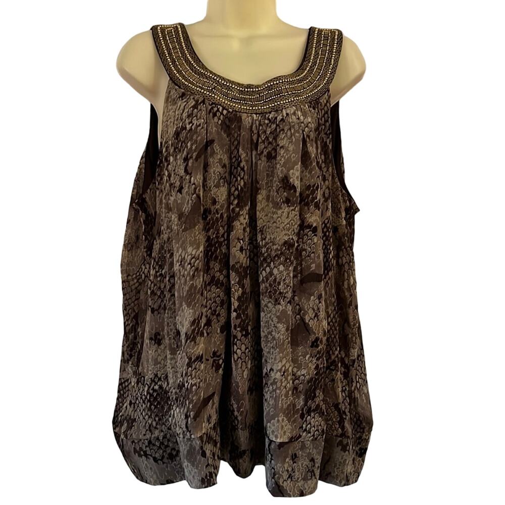Cato Woman Size 22/24W Brown Print Blouse with Beaded Neck Edge